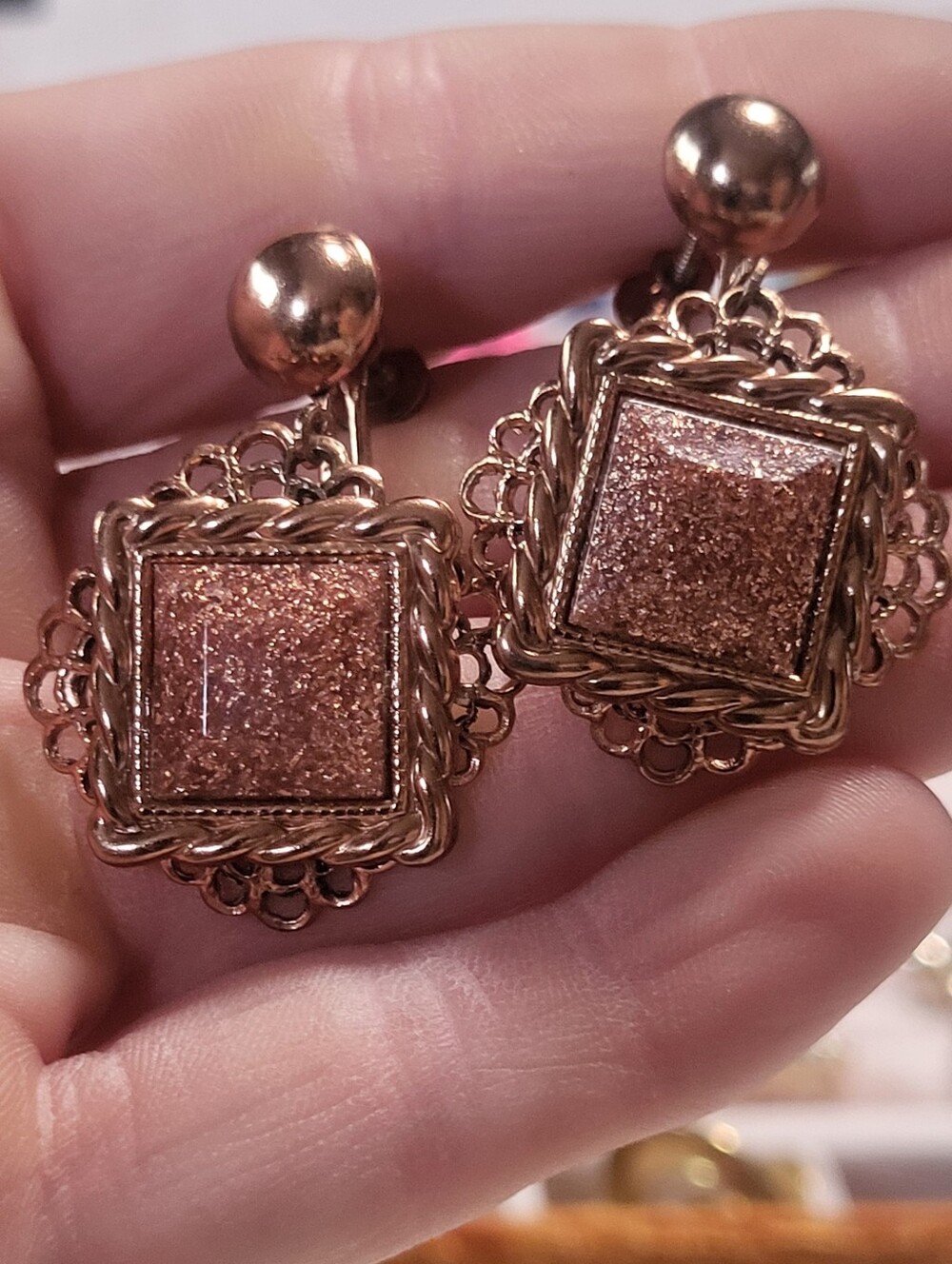 Vintage Mid Century Copper & Goldstone Glass Screwback Earrings